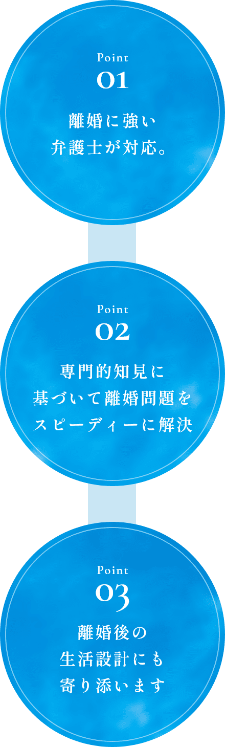 Point01 離婚に強い弁護士が対応。 Point 02 専門的知見に基づいて離婚問題をスピーディーに解決。 Point03 離婚後の生活設計にも寄り添います。